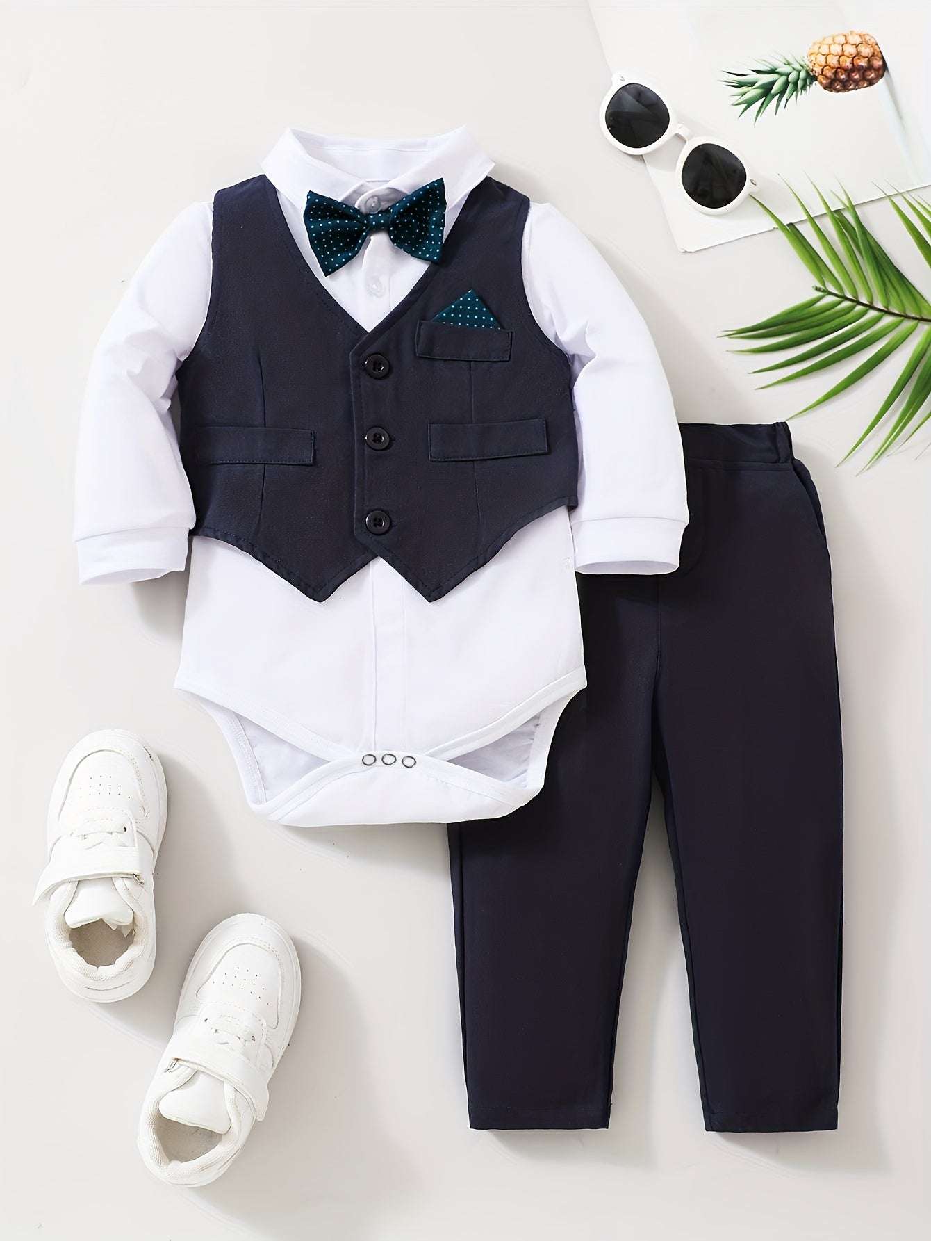 Boys' 3-piece suit set for events with vest, shirt, and pants, perfect for dapper style.