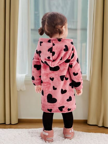 Cozy Girls' Pink Heart Pattern Fleece Hooded Dress for Kids