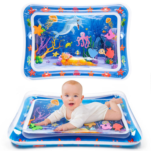 Water play mat for babies and toddlers with colorful floating toys for sensory fun.