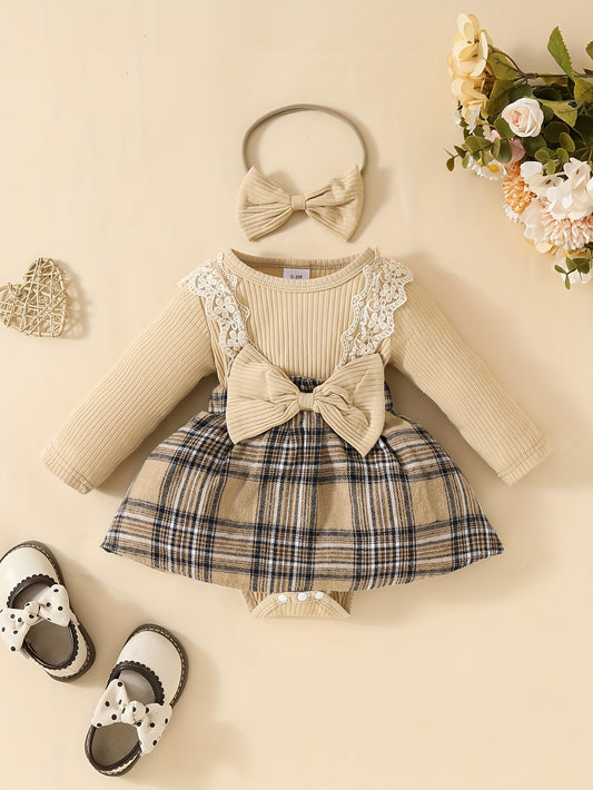 Chic Girls' Plaid Dress With Bow & Lace Detail For Autumn