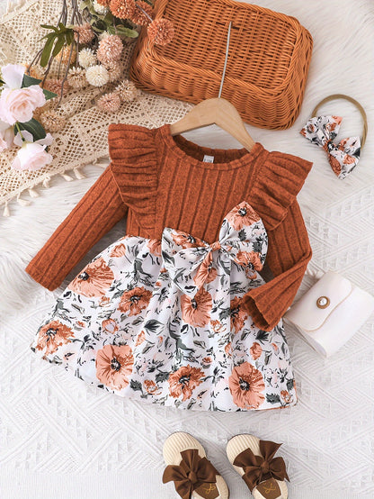 Adorable Floral Baby Dress With Bow And Matching Headband Set