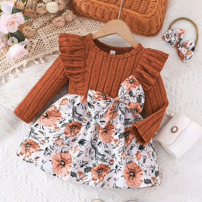 Adorable Floral Baby Dress With Bow And Matching Headband Set