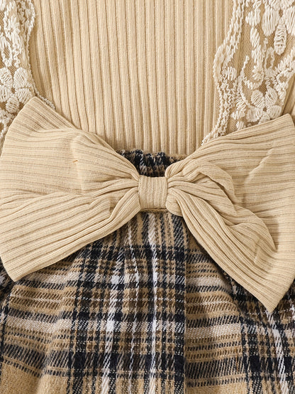 Chic Girls' Plaid Dress With Bow & Lace Detail For Autumn