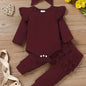 Charming Trio 3-Piece Outfit Set with Headband for Girls in Burgundy, featuring ruffled long-sleeve top, matching pants, and stylish headband for a complete look.