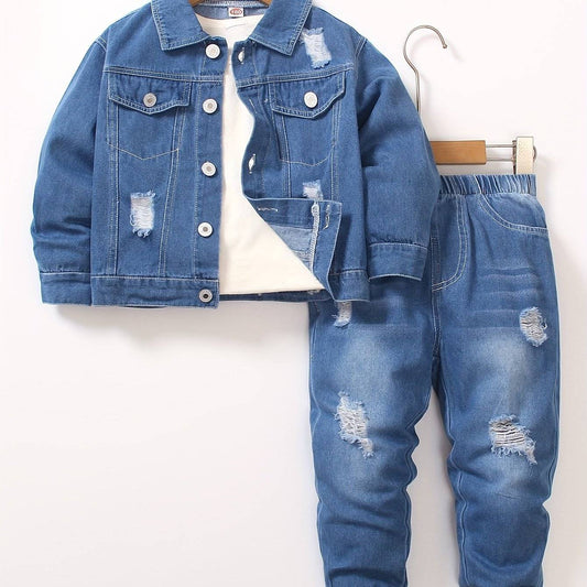 Cool boys' denim outfit set, perfect for casual days and versatile year-round wear.