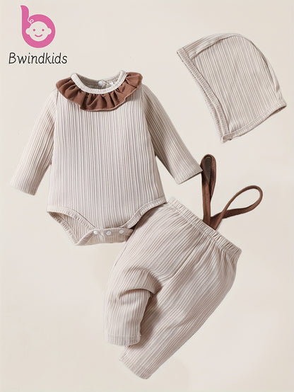 Adorable Two-Piece Ruffled Collar Bodysuit And Overalls Set