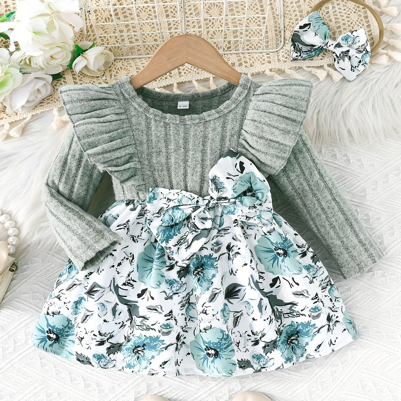 Adorable Floral Baby Dress With Bow And Matching Headband Set