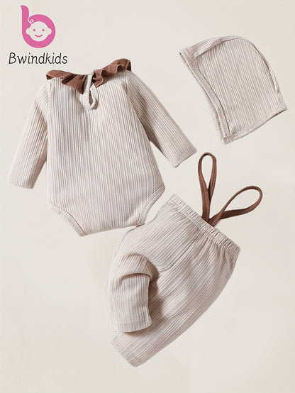 Adorable Two-Piece Ruffled Collar Bodysuit And Overalls Set