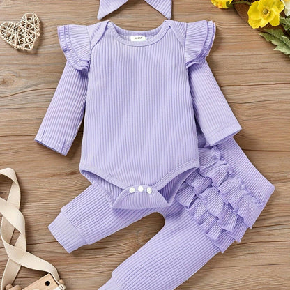 Charming trio 3-piece outfit set for girls with headband, featuring lavender top and pants with ruffles, made from soft cotton.