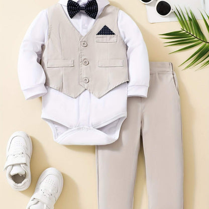 Dapper Gentleman 3-Piece Suit Set for boys, featuring a beige vest, white shirt, bow tie, and pants, perfect for special occasions.